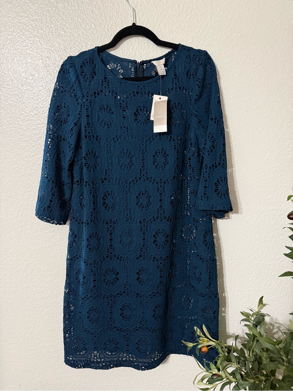 Chico's NWT Teal Blue Crochet Lace Shift Dress 3/4 Sleeve - Size 2